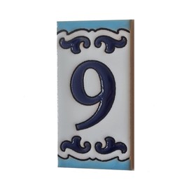 Medelo-02 Hand Painted Ceramic House Numbers 7.5cm x 3.7cm Spanish Letters and Symbols Tiles and Filigree Frames (Number 9)
