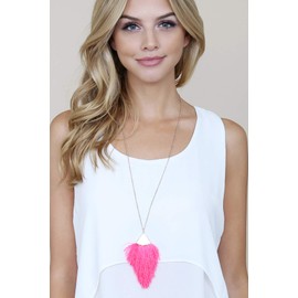 RIAH FASHION Antique Bohemian Silky Thread Fan Tassel Statement Necklace - Vintage Gold Feather Shape Strand Fringe Lightweight Long Chain (Feather Fringe - Hot Pink)