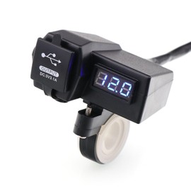 Waterproof Motorcycle 5V 3.1A Dual USB Charger & Blue Voltage Display Voltmeter for 7/8 and 1" Handlebar Mounting