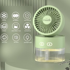 Frestar Personal Cooling Fan and Small Air Humidifier 350ml with LED Night Light, Desktop USB Charging Humidifier and Fan 3 in 1 for Office and Small Room, No Battery (Green)