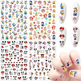 Cartoon Nail Art Stickers 3D Self-Adhesive Nail Decals Cute Nails Stickers Nail Art Supplies Designer Nails Sticker for Women Nails Art Decorations (4 Sheets)