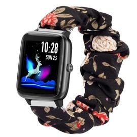 Compatible with Lintelek Smart Watch Bands, Giaogor Fabric Elastic Scrunchie Elastic Watch Band Women Cute Replacement Straps Compatible with Lintelek Smart Watch (Black Flower)