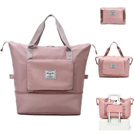 Foldable Travel Duffel Bag for Women, Large Capacity Folding Sports Gym Bag, Lightweight Waterproof Bag Holdall Tote Carry on Hand Luggage Overnight Weekender Bag Hospital Bag for Men Women (Pink)