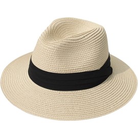 Women Wide Brim Straw Panama Roll up Hat Fedora Beach Sun Hat UPF50+ 001-fold Belt Khaki