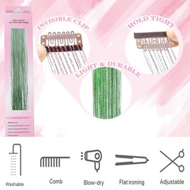 Hair Tinsel 12 Pcs Clip in Hair Tinsel Kit for Girls 22 Inch Glitter Fairy,St Patricks Day Tinsel Hair Extensions Colorful Heat Resistant Party Festival Hair Accessories for Women Kids (green)