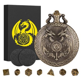 Mini DND Dice Set with Wand and Double Dragon Head Pocket Watch Shell Case, DND Starter Set, 7pcs Polyhedral Mini Metal Dice Set, D&D Gifts with Gift Box, Role Playing Board Game Accessories, Bronze