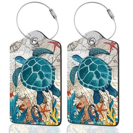 2Pack Luggage Tags for Suitcases, Cute Unique Pu Leather Cruise Luggage Tag with Privacy Cover ID Label Address Card and Metal Ring Suitable for Women Men Kids Travel Bag Retro Map Turtle