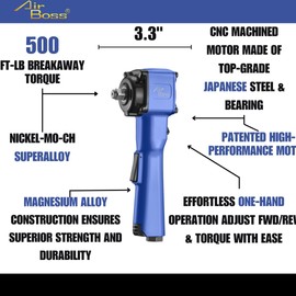 Airboss AW-80JL 1/2" Lightweight Angle Air Impact Wrench – Compact Design, 406 ft-lb Max Torque, 500 ft-lb Breakaway Torque, Extended Handle for Tight Spaces