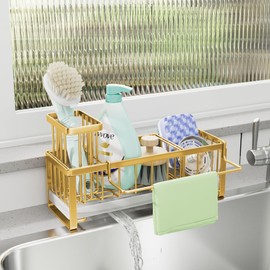 SWTYMIKI Sponge Holder for Kitchen Sink - Sink Caddy with Brush Holder Self-draining Kitchen Sponge Caddy Organizer with Divider Stainless Steel Sink Accessories Storage for Countertop, Gold
