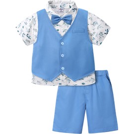 A&J DESIGN Toddler Boy Easter Outfit Wedding Gentleman Photoshoot Formal Ring Bearer Suit Floral Print Shirt Summer Short Set Tuxedo Blue 2-3T
