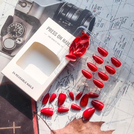 Red Press on Nails Almond Fake Nails with Nails Glue Glossy Solid Color False Nails Red Nails Press on Acrylic Nails Super Fit&Natural Reusable Passionate Glue on Nails Short Stick on Nails for Women