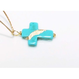 Kintsugi Petite Cross Turquoise Howlite, Broken, Mended with 23k Gold, Cord Necklace