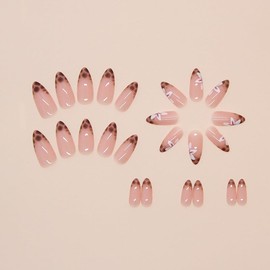 Press On Nails with Nail Glue, 3D Peach Flower Summer Cute Designed in Glue on Nails, Fake Nails, Short Square Almond Ballet Shape for Stick On Nails on 24PCS,Leopard White Flower