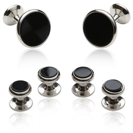 Mens Black Onyx and Silver Cufflinks Studs Tuxedo Formal Set with Presentation Box Groom Groomsmen Wedding