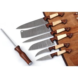Damascus Knives Handmade Professional Kitchen Knife Set, 7pcs Best Steel Blade Chef set With Storage Leather Roll Case Bag, Cutlery Cooking Sets Wood/Bone Handle(14111)