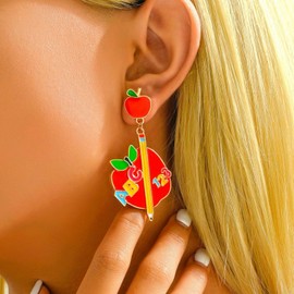 Colorful Teacher Earrings for Women Enamel Pencil Books Red Fruits Rainbow Teacher Appreciation Dangle Drop Earrings for Students Teachers Back to School Graduation Christmas Party Trendy Jewelry (Red fruits)