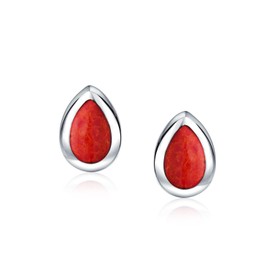 Simple Semi-Precious Stone Tear Pear Shaped Stabilised Blue Turquoise Bezel Set Stud Earrings For Girlfriend .925 Sterling Silver, Shell, Coral