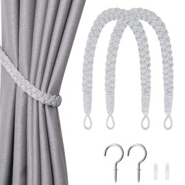 2 Pack Natural Cotton Rope Curtain Tiebacks Hand Knitted Curtain Ties Elegant Boho Style Decorative Drape Tie Backs with Metal Hook for Home & Office Drapery (Grey)