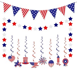 EASHOPBAL Memorial Day Decorations 4th/Fourth of July Patriotic Decorations Set-Red White Blue Paper USA Flag Pennant, Star Streamer, Hanging Swirls Party Decor Supplies for Mantle Home Fireplace