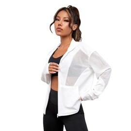 GORGLITTER Women's Zip Up Fishnet Insert Hooded Sports Jacket Drop Shoulder Pocket Coat White Medium