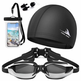 Fincy Palmoo Swimming Goggles, Adult Swimming Goggles, UV Protection, Anti-Fog, Nose Bell and Ear Plugs Included, For Fitness, Beach, Swimming, Competitions, Swimming Goggles, Swimming Goggles, Belt Adjustable, For Adult Men and Women (Black)