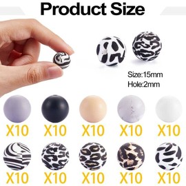 WEWAYSMILE 100 Pcs 15mm Silicone Beads Cow Print Zebra Print Leopard Print Animal Print Silicone Beads Bulk for Keychain Bracelet Necklace DIY Crafting Making