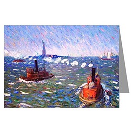 Greeting Cards of William Glackens Ashcan School Impressionist Oil Painting Titled Breezy Day, Tug Boats, New York Harbor Boxed Set
