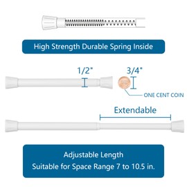 TYRON Small Spring Tension Curtain Rod 7 to 10.5 Inch, Mini Short Adjustable Tension Rod, Suitable for Narrow Window, Sidelight, Cupboard, Refrigerator (White, 2 Pack)