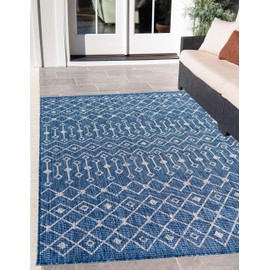 Unique Loom Outdoor Trellis Collection Tribal Geometric Transitional Indoor and Outdoor Flatweave Blue Area Rug (6' 0 x 9' 0)