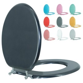 BLOFDE Round Toilet Seat Wood Toilet Seat Prevent Shifting with Zinc Alloy Hinges American Standard Size Toilet Seat Easy to Install also Easy to Clean(Round,Sparkling Black)