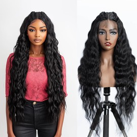FASHION IDOL Lace Front Curly Wigs 31" Long Synthetic Natural Water Wavy Wig for Women Natural Black with E Type HD Lace Wig