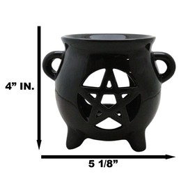 Ebros Gift Wicca Witchcraft Pentagram in Circle Ceramic Black Cauldron Essential Oil Burner Warmer Tea Light Candle Heat Source Holder and Shadow Silhouette Light Caster Home Aromatherapy Accessory