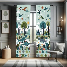 Ambesonne Dino Art Window Curtains Pack of 2, Adventurous Dinosaurs in Scandinavian Forest with Trees and Flowers, Lightweight Set & Rod Pocket, 4 Panels of - 28" x 84", Blue Green and Paprika