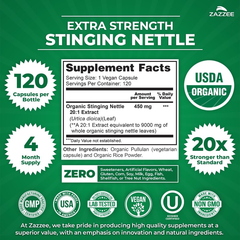 Zazzee USDA Organic Stinging Nettle Leaf 20:1 Extract, 120 Vegan