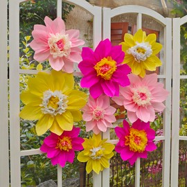 Mybbshower Crepe Paper Flower for Wall Paper Pom Pom Decor Girls Birthday Party Backdrop Baby Shower Nursery Decoration Pack of 9 (hot Pink Yellow)