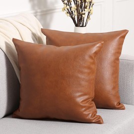 YAERTUN Set of 2 Lumbar Faux Leather Decorative Throw Pillow Covers Modern Solid Outdoor Cushion Cases Luxury Pillowcases for Couch Sofa Bed 14x14 Inches 35x35 cm Brown