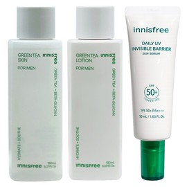 Innisfree Green Tea for Men 2 types (skin + lotion) + Green Tea Hyaluronic Acid Soothing Moisture Sun Serum 50mL / 이니스프리 그린티 포맨 2종구성 (스킨+로션)+그린티 히알루론산 진정수분 선세럼 50mL