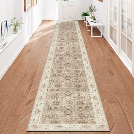 Capslpad 2x10 Boho Hallway Runner, Brown Vintage Ultra Soft Fabric Washable Runner Rug, Non-Slip Rubber Backing, Stain Resistant Low Pile Runners for Hallways, Kitchen, Entryway, Bedroom, Laundry