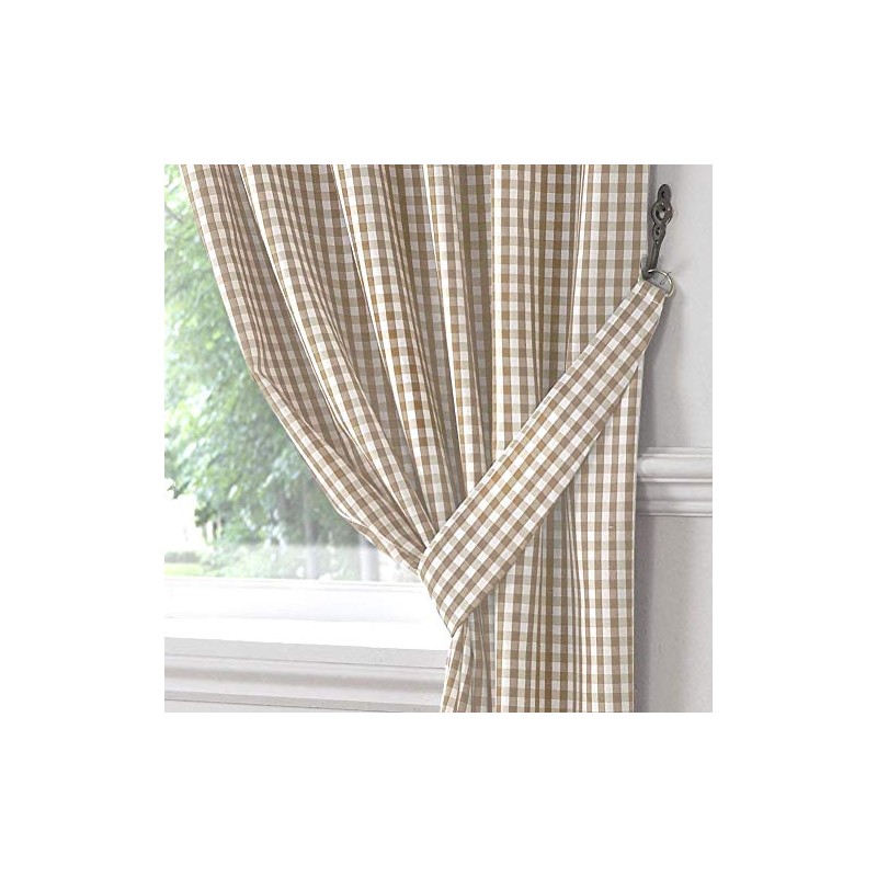 Gingham Check Kitchen Tape Top Curtains - Beige (46" Wide