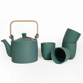WEOPYCJ Green Japanese Tea Set,Ceramic Modern Green Tea Sets with Teapot,Porcelain Tea Sets Include 1 Teapot 30oz,4 Tea Cups 6oz,1 Stainless Infuser Wooden Handle for Home and Office Gift