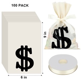 Tenare 100 Pieces Money Treat Bags Sign Party Favor Candy Cellophane Bag Loot Bags for Party Sign Sacks with 22 Yards Ribbon for Toy Theme Supplies(6 x 9 Inch)
