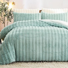 Tospass Plush Bed Linen 155 x 220 cm Light Blue Fluffy Warm Winter Bed Linen Faux Fur Horizontal Stripes Flannel Fleece Cashmere Touch Duvet Cover with Zip and 1 Pillowcase 80 x 80 cm