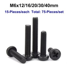 FandWay Rounded Head Screw with Phillips Head According to Standard DIN 7985 Machine Screws, M6 x 12/16/20/30/40 mm Black Oxide Carbon Steel Round Head Thread Screws Set with 1 Wrench (15 of Each