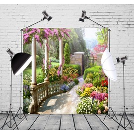 Loccor Fabric 6x6ft Spring Garden Backdrop Vintage Pillar Colorful Flower Floral Blossom Photography Background Newborn Baby Shower Party Supplies Decoration Photoshoot Photo Studio Prop Favor Banner