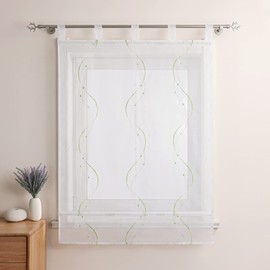 Heichkell Roman Blind with Loops, Voile Transparent Curtain, Embroidered, Modern Roman Curtain for Kitchen, Living Room, Bedroom, Green, W x H 80 x 140 cm