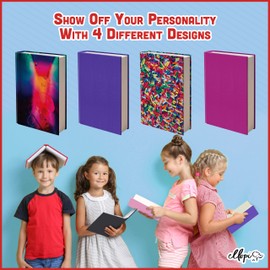 Easy Apply Stretchable Book Cover 4 Pack. 2 Solid and 2 Design Jumbo Jackets Fit Hardcover Textbooks Up to 9" x 11". Adhesive-Free, Nylon Fabric Protectors. Washable, Reusable Student School Supply