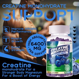 Creatine Monohydrate Gummies Complex 6400mg for Men & Women -Advanced Formula W/L-Taurine + Vitamin B12, Sugar Free Chewable Supplement,180 Blueberry Gummies 2pack