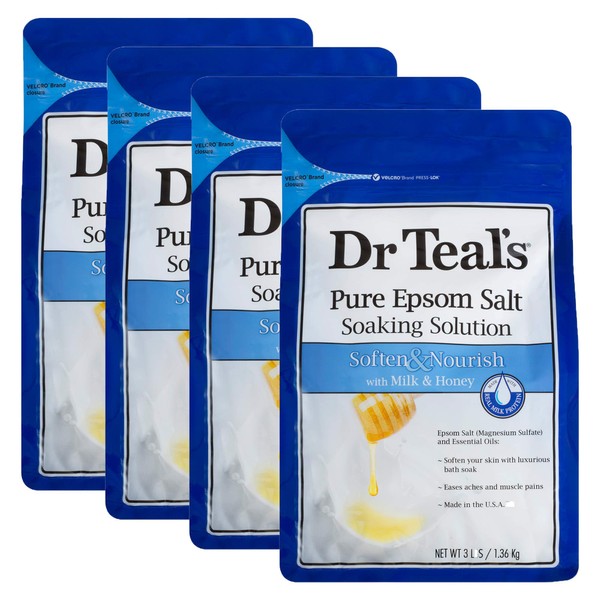 Dr. Teal's Milk & Honey Pure Epsom Salt Soaking Solution Gift Set (4 Pack, 3lb. ea.) - Soften & Nourish with Essential Oils Smoothens Skin and Eases Aches & Pains - Transforms any Bath into a Home Spa