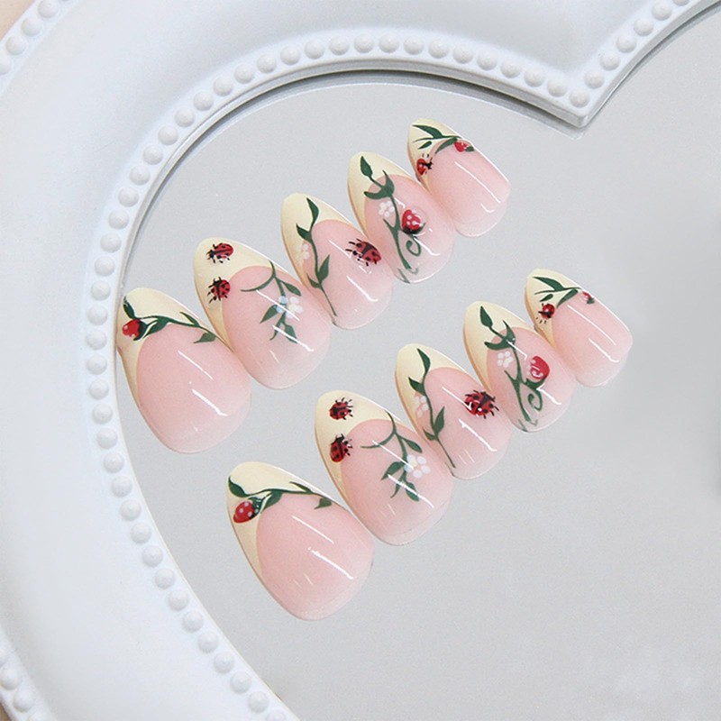 CECOBAG 24Pcs Short Almond Shape Nails with 3D Ladybug Leaf