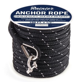 RainierSupplyCo Boat Anchor Rope -Double Braided Marine Rope Anchor Line -100 ft x1/2 Inch Nylon Boating Line with 316 Stainless Steel Thimble and Heavy Duty Marine Grade Bow Shackle -Black Reflective
